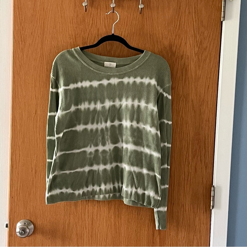 Green and White Tie-Dye Waffle Knit Top